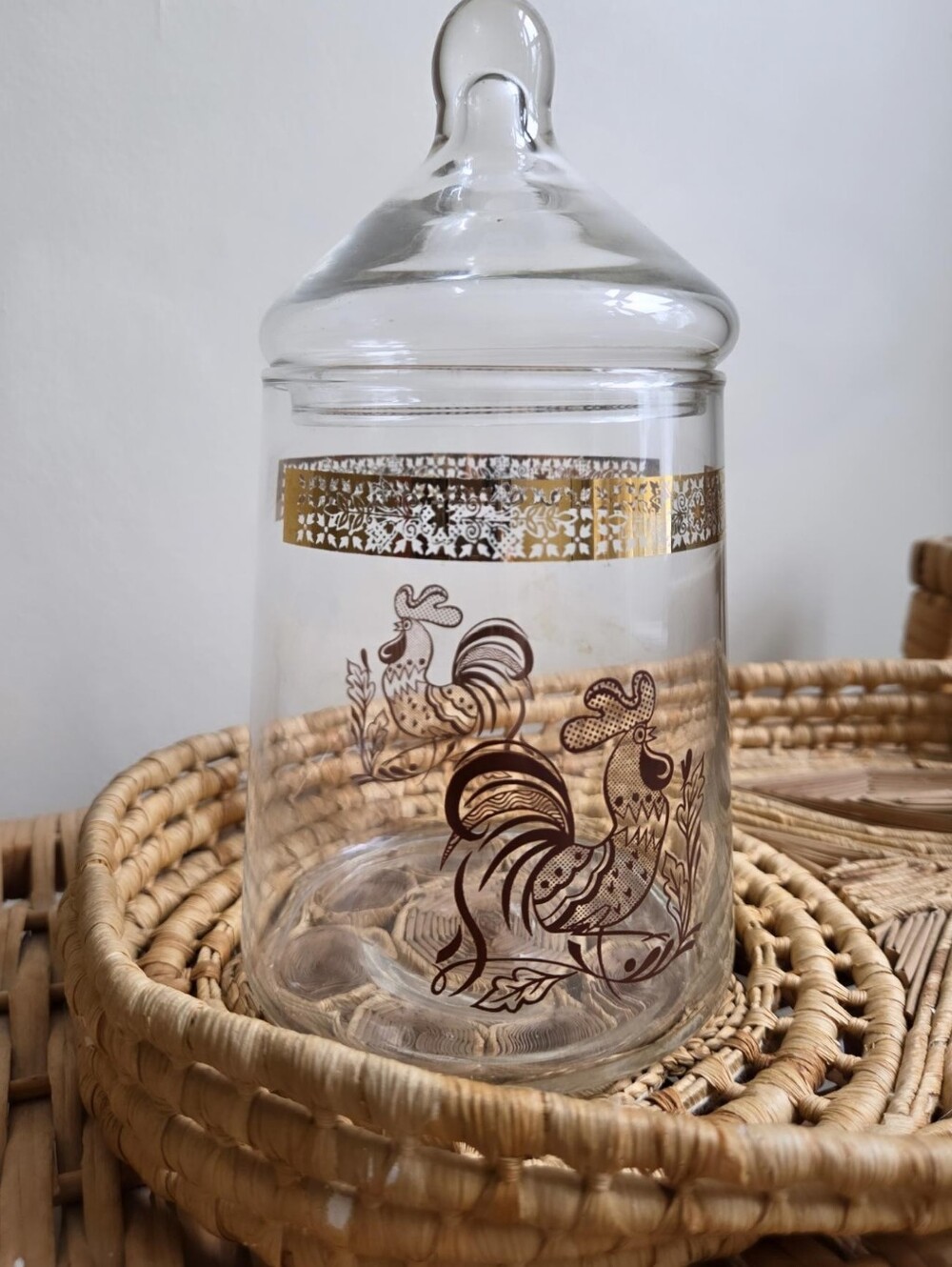 Vintage 1960s Golden Rooster Glass Jar with Lid | Retro Kitchen Decor